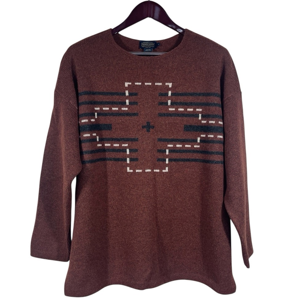 NWT Pendleton Oversized Lambswool Blend Sweater Womens L Brown Southwest Aztec